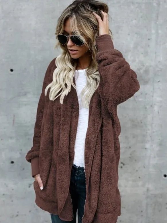 Clearance_Autumn Winter Double Fleece Cardigan Jacket Women Solid Color Long Sleeve Plush Warm Hooded Lady Jacket Oversized Oute