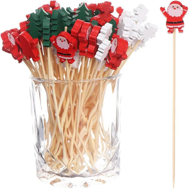 Christmas Fruit Sticks Santa Claus Disposable Bamboo Woven Toothpicks Buffet Paper Cups Cake Forks Party Decorations Toothpicks