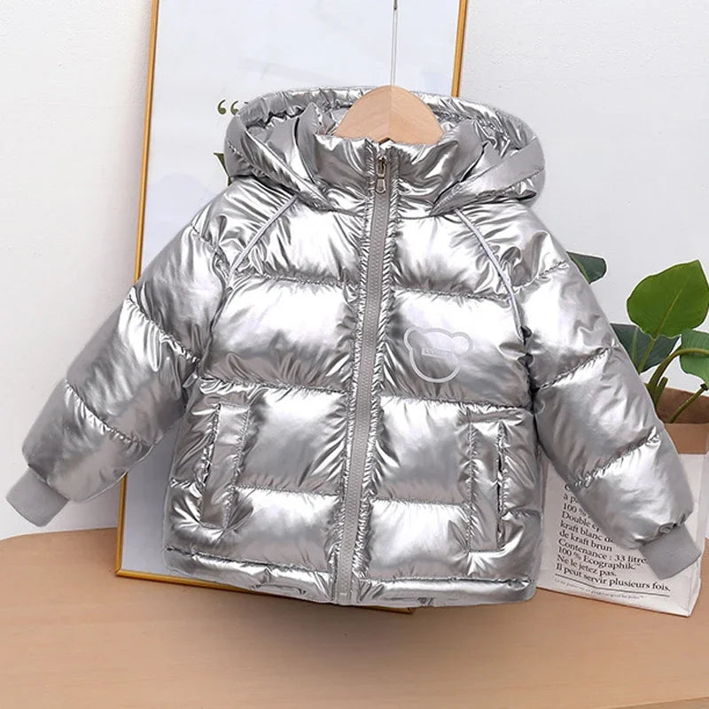 Winter New Boys Thick Jacket Cartoon Bear Glossy Antifouling Lining Plus Velvet Keep Warm Hooded Snowsuit For 2-6 Years