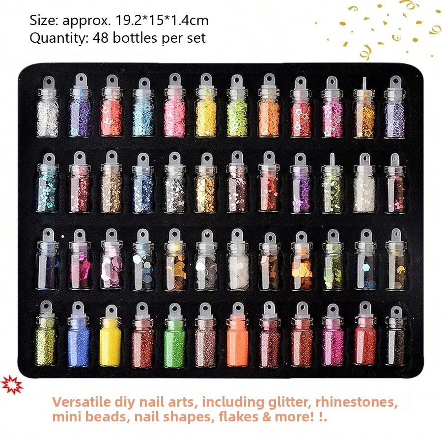 48pcs Nail Art Rhinestones Beads Sequins Set Mixed Design Glitter Tips Decoration Tools Gel Nail Stickers Case for Beauty Salon