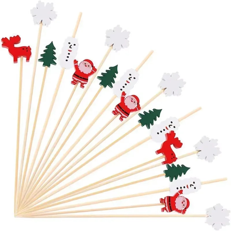 Christmas Fruit Sticks Santa Claus Disposable Bamboo Woven Toothpicks Buffet Paper Cups Cake Forks Party Decorations Toothpicks