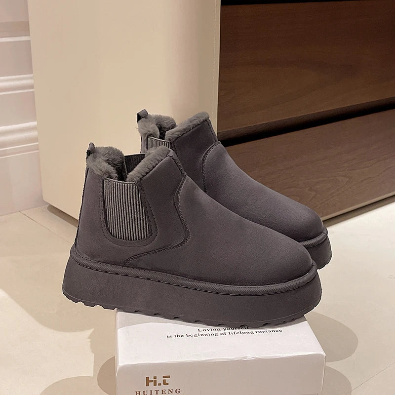 Winter Women Short Plush Warm Snow Boots Casual Shoes  New Suede Fur Chelsea Ankle Boots Flats Platform Ladies Shoes Botas