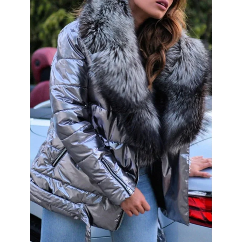 Winter Coat Women Bright Surface  Large Collar Short Down Cotton Jacket Punk Style Slim