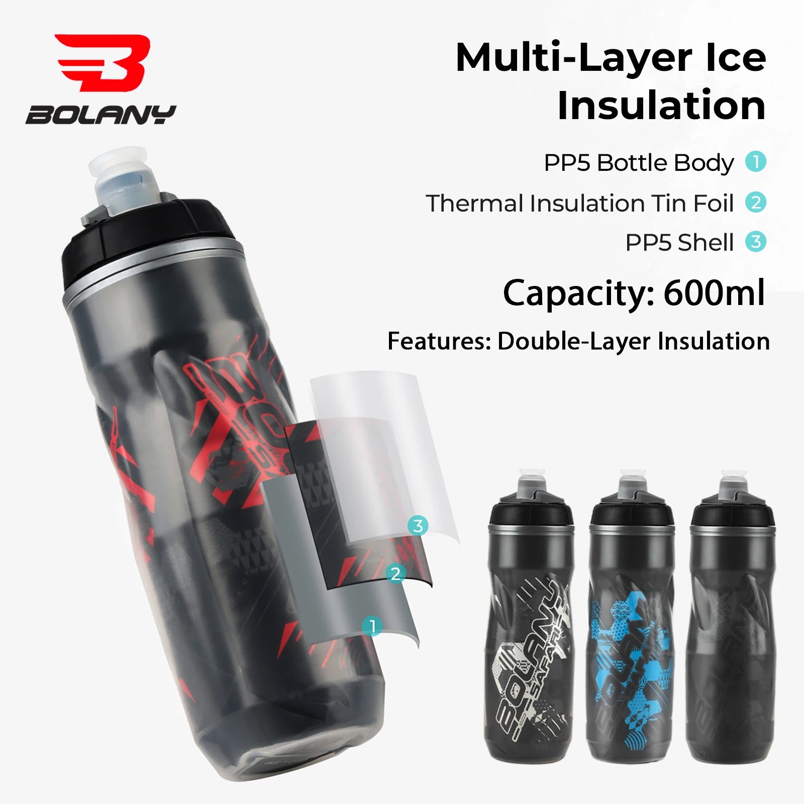 BOLANY Bicycle Water Bottle 600ml Squeeze Out Water PP5 Double Layer Heat And Ice-Protected GYM Fitness Outdoor Sports Cup