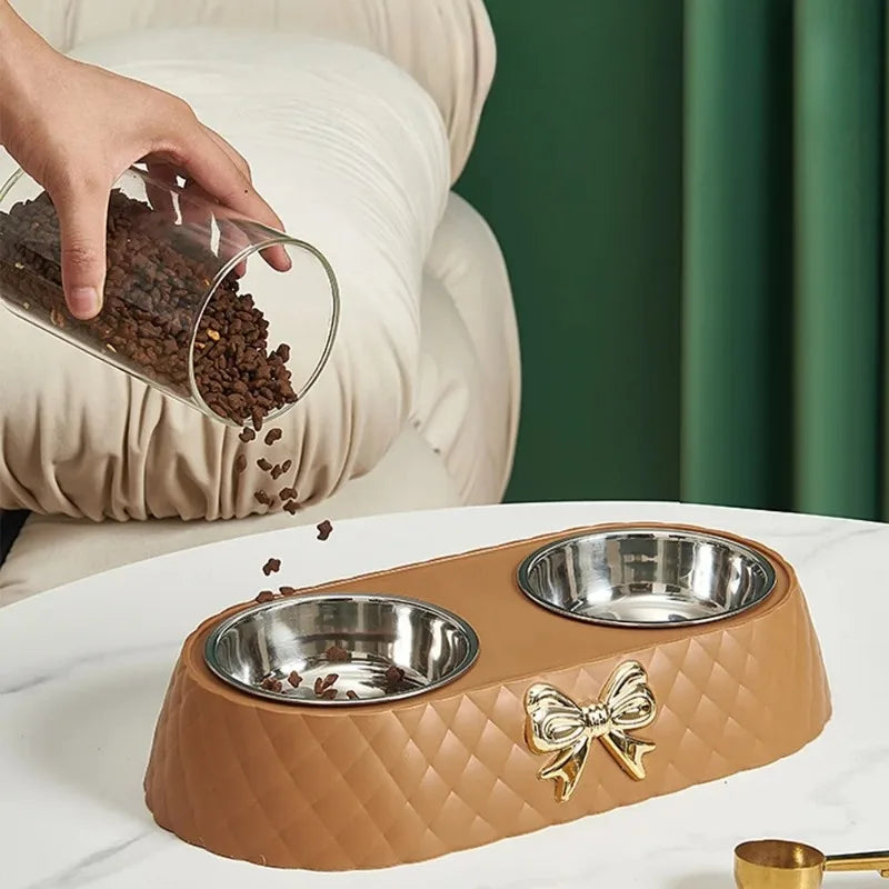 1PC Pet Pet Dog and Cat Food Bowls Bowtie Dog Food Drinking Double Bowl Pet Supplies