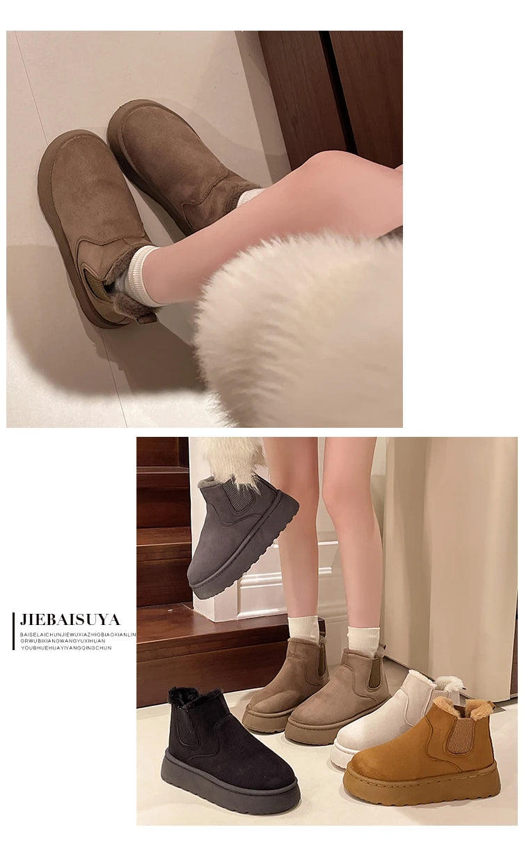 Winter Women Short Plush Warm Snow Boots Casual Shoes  New Suede Fur Chelsea Ankle Boots Flats Platform Ladies Shoes Botas