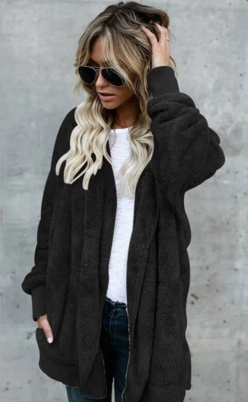 Clearance_Autumn Winter Double Fleece Cardigan Jacket Women Solid Color Long Sleeve Plush Warm Hooded Lady Jacket Oversized Oute