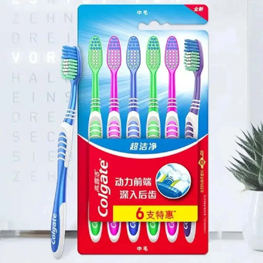 6-Pack Soft & Medium Bristle Toothbrushes | Colgate-Style Family & Travel Set | Unisex Ergonomic Handle