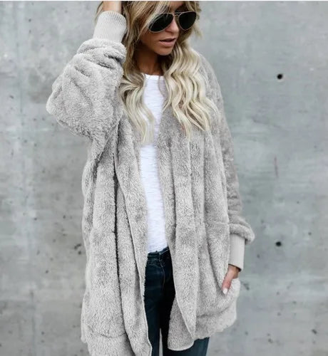 Clearance_Autumn Winter Double Fleece Cardigan Jacket Women Solid Color Long Sleeve Plush Warm Hooded Lady Jacket Oversized Oute