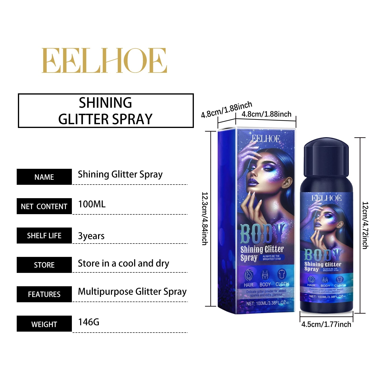 Glitter Body Spray Shimmer Makeup Highlighter Waterproof Long Lasting Sparkle For Face Hair Body Party Festival Events