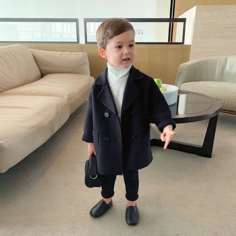 New Winter Grid Jackets Boys Girl Woolen Double-breasted Baby Boy Trench Coat Lapel Autumn Kids Outerwear Coats  Wool Overcoat