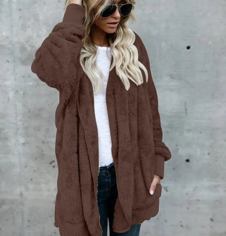 Clearance_Autumn Winter Double Fleece Cardigan Jacket Women Solid Color Long Sleeve Plush Warm Hooded Lady Jacket Oversized Oute