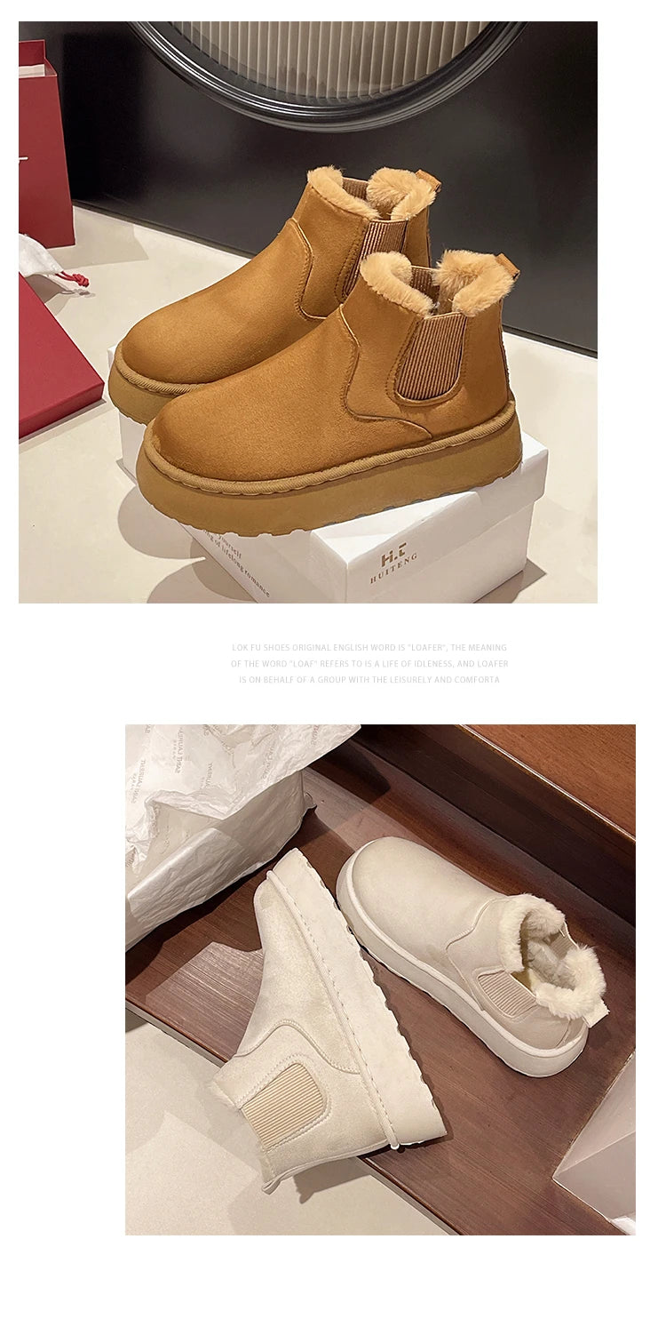 Winter Women Short Plush Warm Snow Boots Casual Shoes  New Suede Fur Chelsea Ankle Boots Flats Platform Ladies Shoes Botas