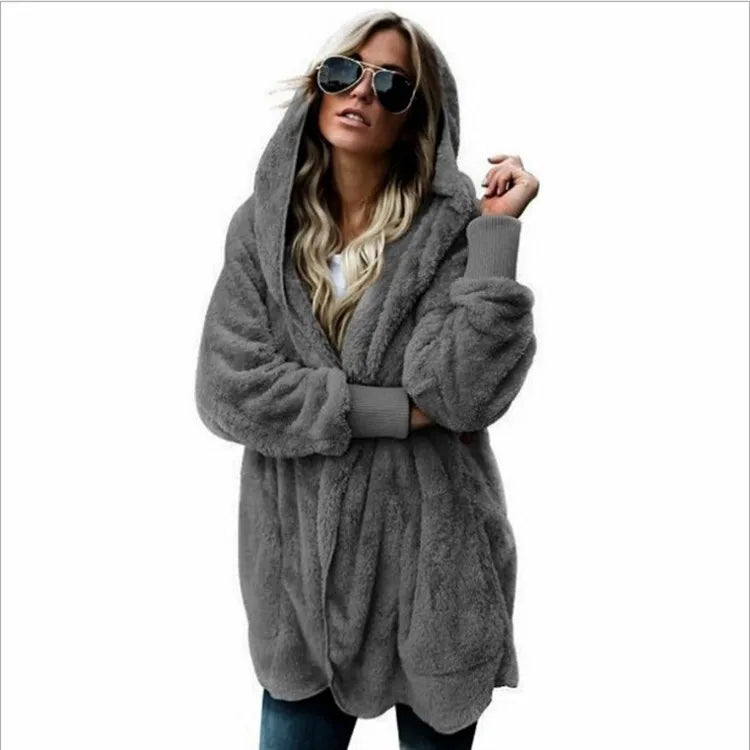 Clearance_Autumn Winter Double Fleece Cardigan Jacket Women Solid Color Long Sleeve Plush Warm Hooded Lady Jacket Oversized Oute