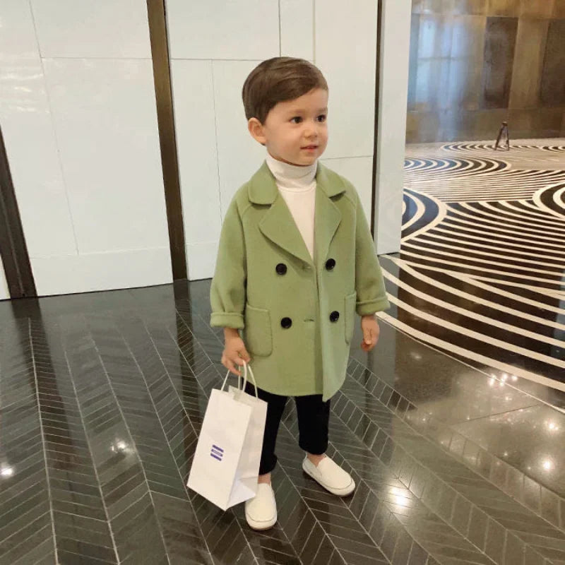 New Winter Grid Jackets Boys Girl Woolen Double-breasted Baby Boy Trench Coat Lapel Autumn Kids Outerwear Coats  Wool Overcoat
