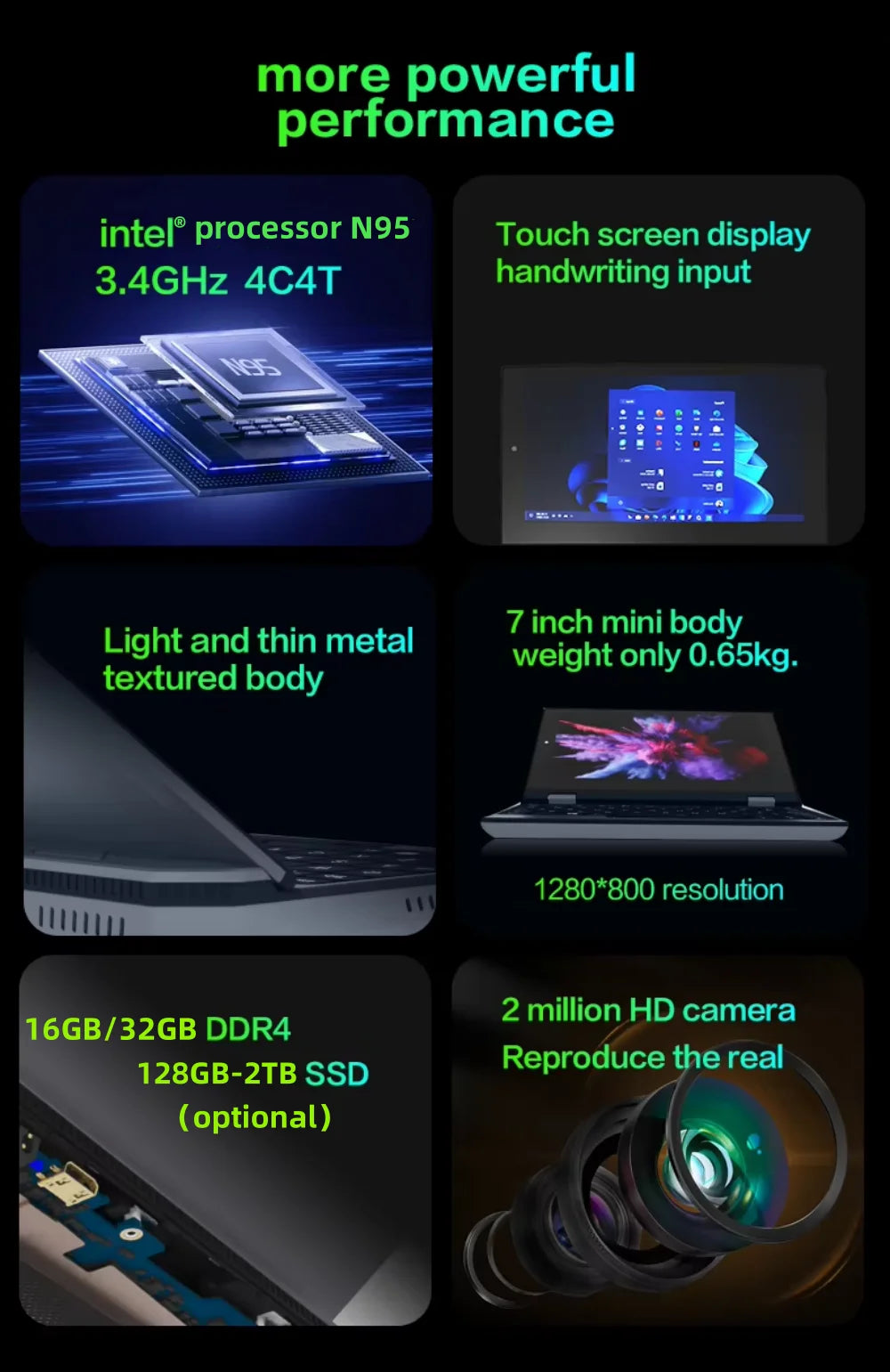 Slim Laptop intel N95 CPU HD Graphics 16GB -128G/256G/512G/1TB SSD 7 inch Touch Screen Mini PC Computer Netbook