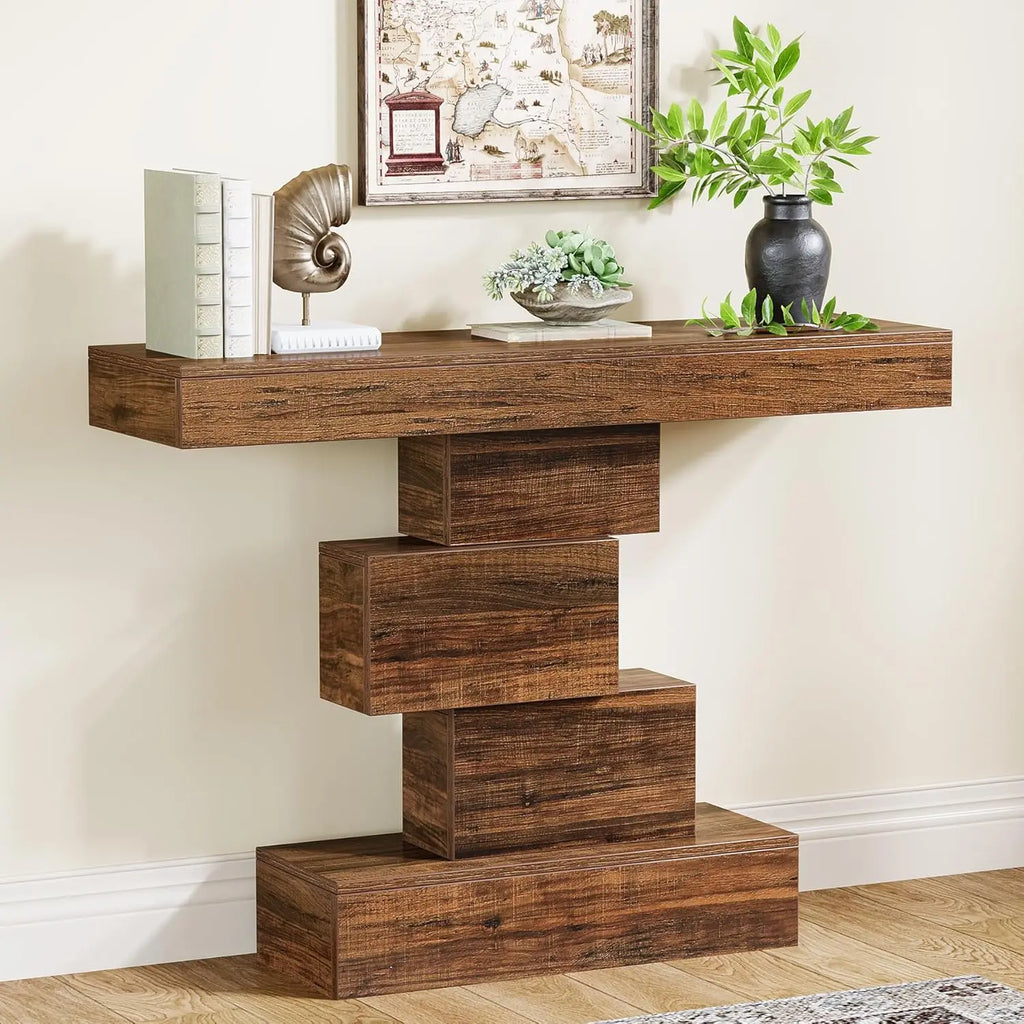 Tribesigns 42.5" Farmhouse Console Table, Narrow Wood Sofa Table Behind Couch with Geometric Base, Industrial Entryway Accent Ta