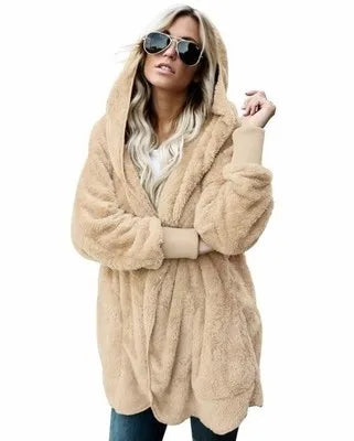 Clearance_Autumn Winter Double Fleece Cardigan Jacket Women Solid Color Long Sleeve Plush Warm Hooded Lady Jacket Oversized Oute