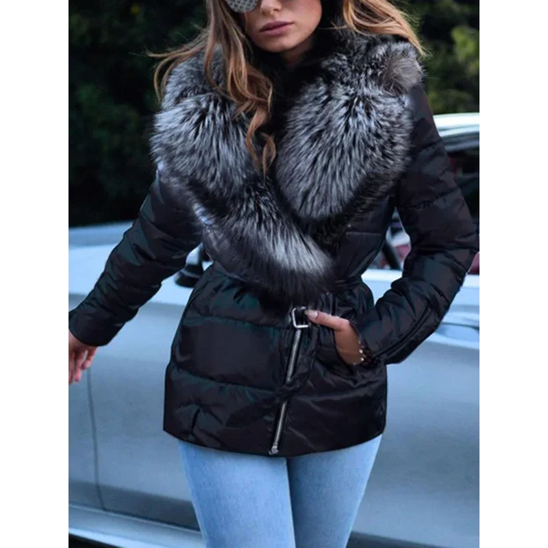 Winter Coat Women Bright Surface  Large Collar Short Down Cotton Jacket Punk Style Slim