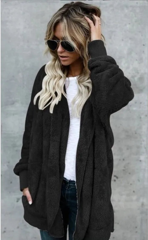 Clearance_Autumn Winter Double Fleece Cardigan Jacket Women Solid Color Long Sleeve Plush Warm Hooded Lady Jacket Oversized Oute
