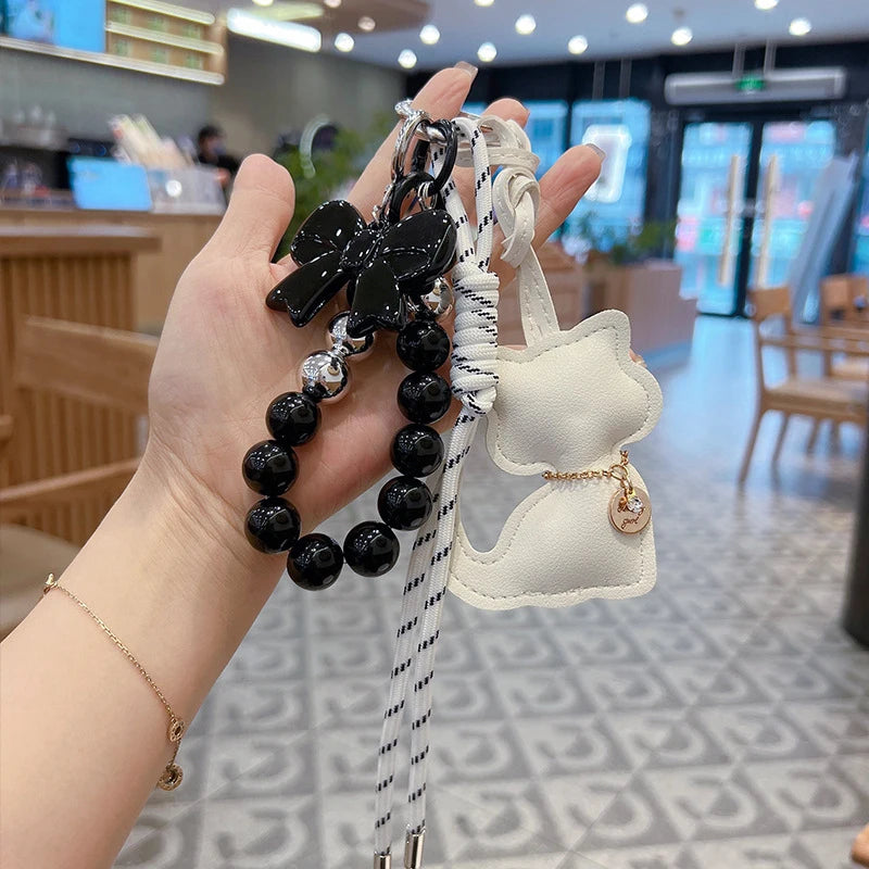 Bag Charms Purse Charms kit Keychains for Women,Cute Leather Cat Pearl bowknot Keychain Bag Charm for Handbag Accessories Tready