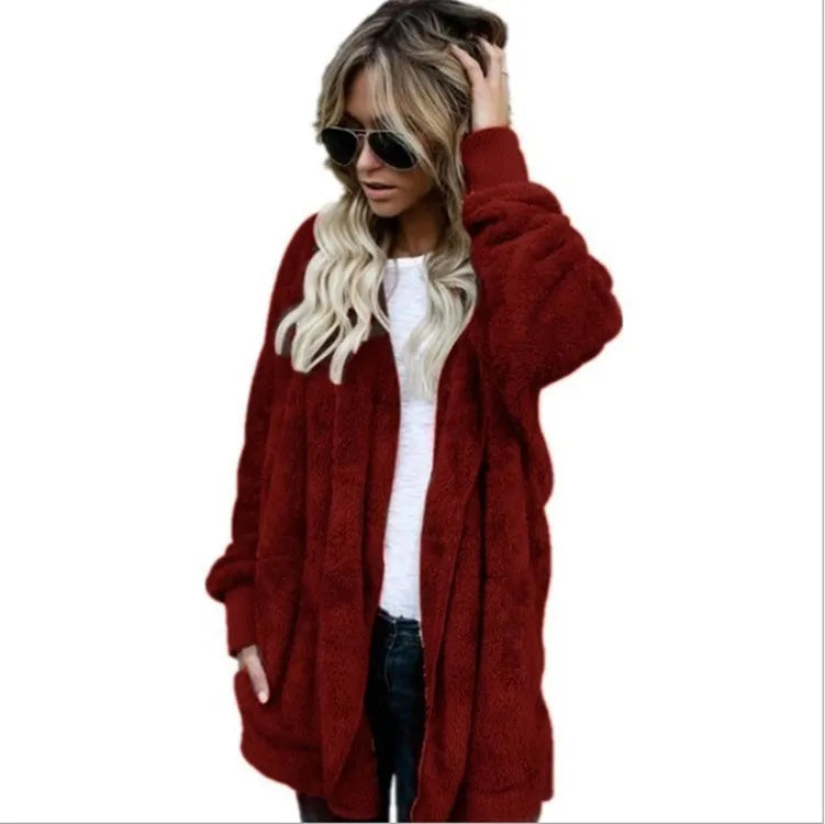 Clearance_Autumn Winter Double Fleece Cardigan Jacket Women Solid Color Long Sleeve Plush Warm Hooded Lady Jacket Oversized Oute