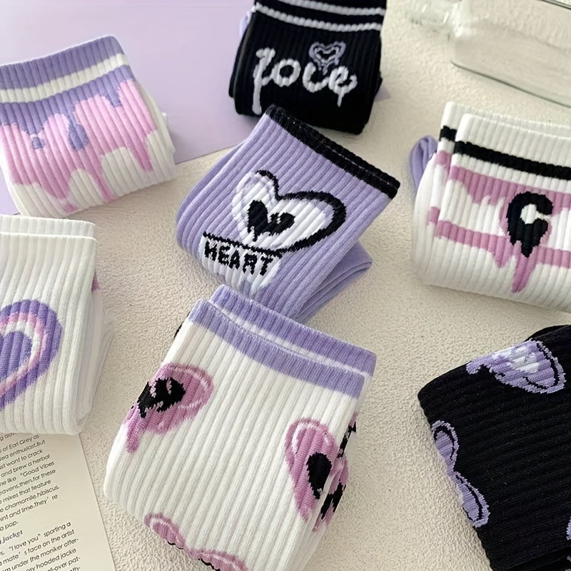 5 Pairs of Vibrant Heart & Graffiti Print Mid-Tube Sports Socks - College Style Women's Stockings & Hosiery with Comfortable Fit and Breathable Fabric