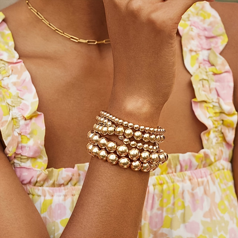 1 Piece 14K Plated Beaded Stackable Stretch Bracelet - Adjustable, Handcrafted, Dainty Jewelry for Women and Girls - Perfect for Everyday Wear and Gift Giving