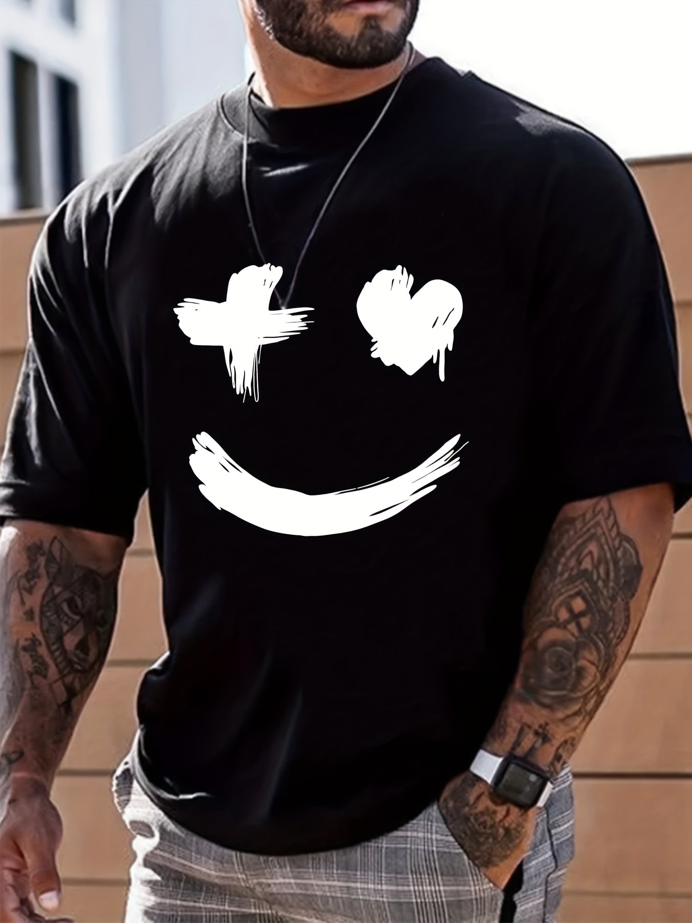 Men's Casual Trendy Smile Graphic Print Comfortable Crew Neck Short Sleeve T-shirts, Summer Top Tees