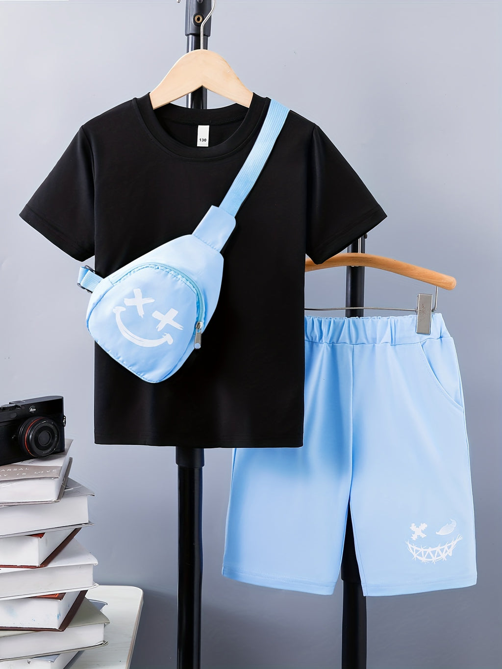 3pcs Boy's Smile Face Print Short Sleeve Casual T-Shirts & Shorts & Backpack Set, Comfy Soft Stretchable Outfits, Children's Clothing