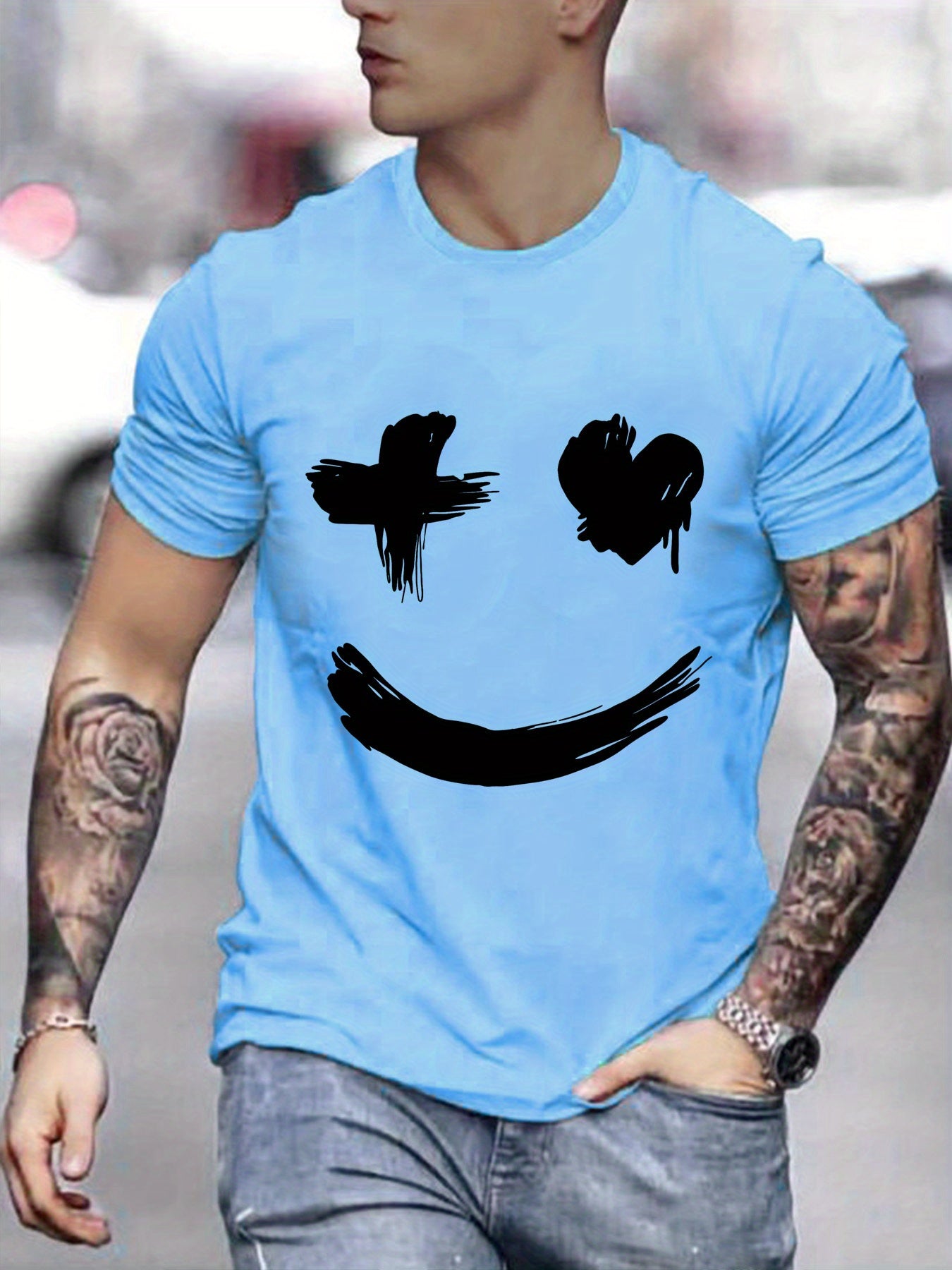 Men's Casual Trendy Smile Graphic Print Comfortable Crew Neck Short Sleeve T-shirts, Summer Top Tees
