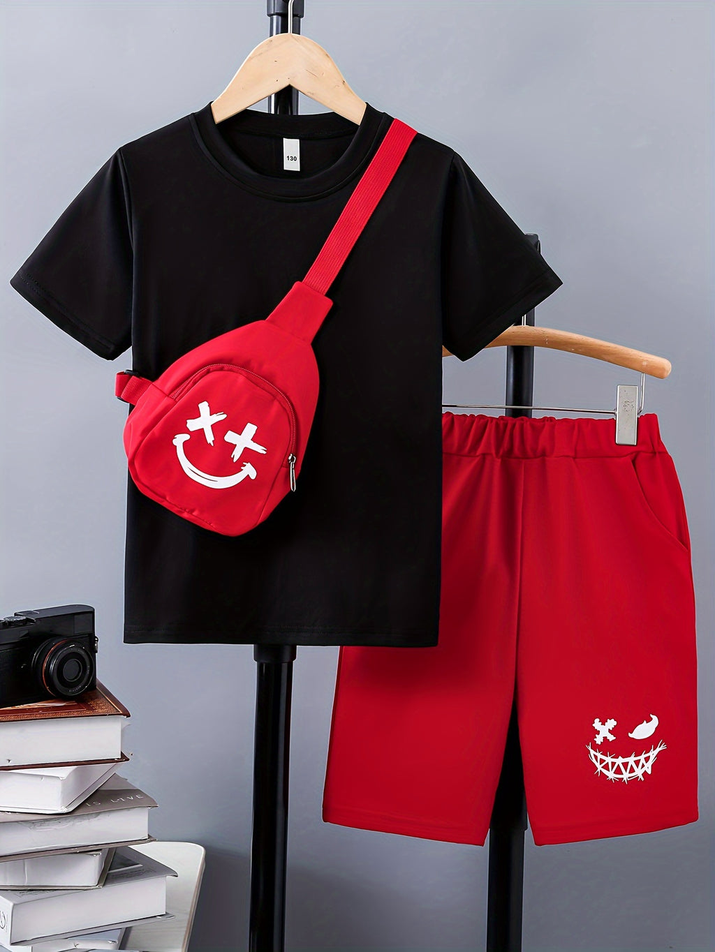 3pcs Boy's Smile Face Print Short Sleeve Casual T-Shirts & Shorts & Backpack Set, Comfy Soft Stretchable Outfits, Children's Clothing