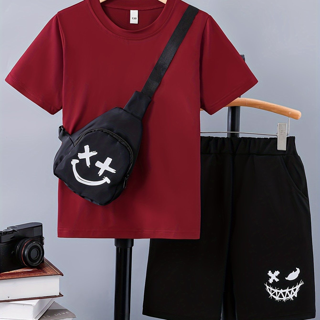 3pcs Boy's Smile Face Print Short Sleeve Casual T-Shirts & Shorts & Backpack Set, Comfy Soft Stretchable Outfits, Children's Clothing