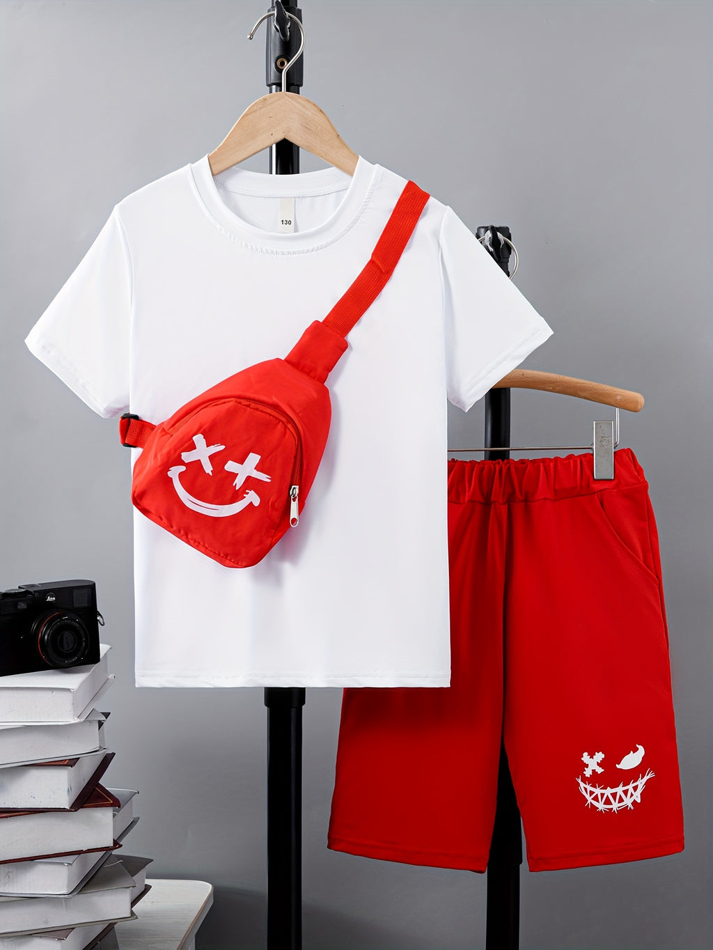 3pcs Boy's Smile Face Print Short Sleeve Casual T-Shirts & Shorts & Backpack Set, Comfy Soft Stretchable Outfits, Children's Clothing
