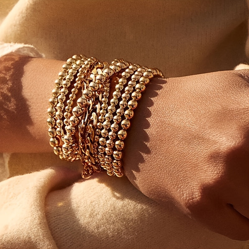 1 Piece 14K Plated Beaded Stackable Stretch Bracelet - Adjustable, Handcrafted, Dainty Jewelry for Women and Girls - Perfect for Everyday Wear and Gift Giving