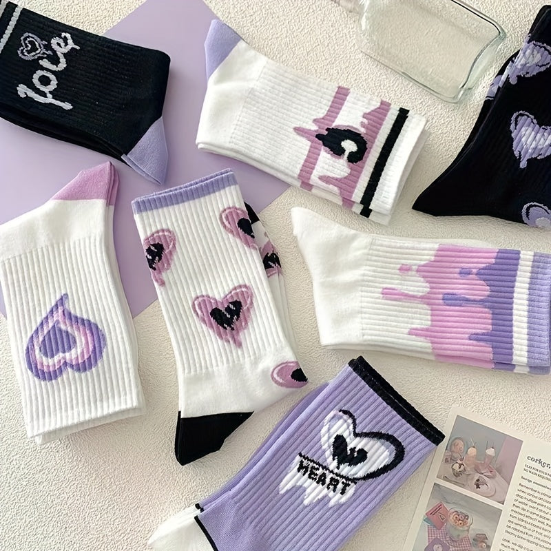 5 Pairs of Vibrant Heart & Graffiti Print Mid-Tube Sports Socks - College Style Women's Stockings & Hosiery with Comfortable Fit and Breathable Fabric