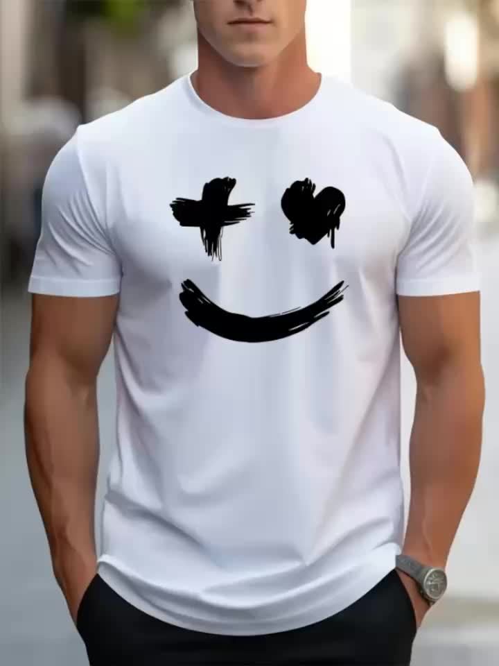 Men's Casual Trendy Smile Graphic Print Comfortable Crew Neck Short Sleeve T-shirts, Summer Top Tees