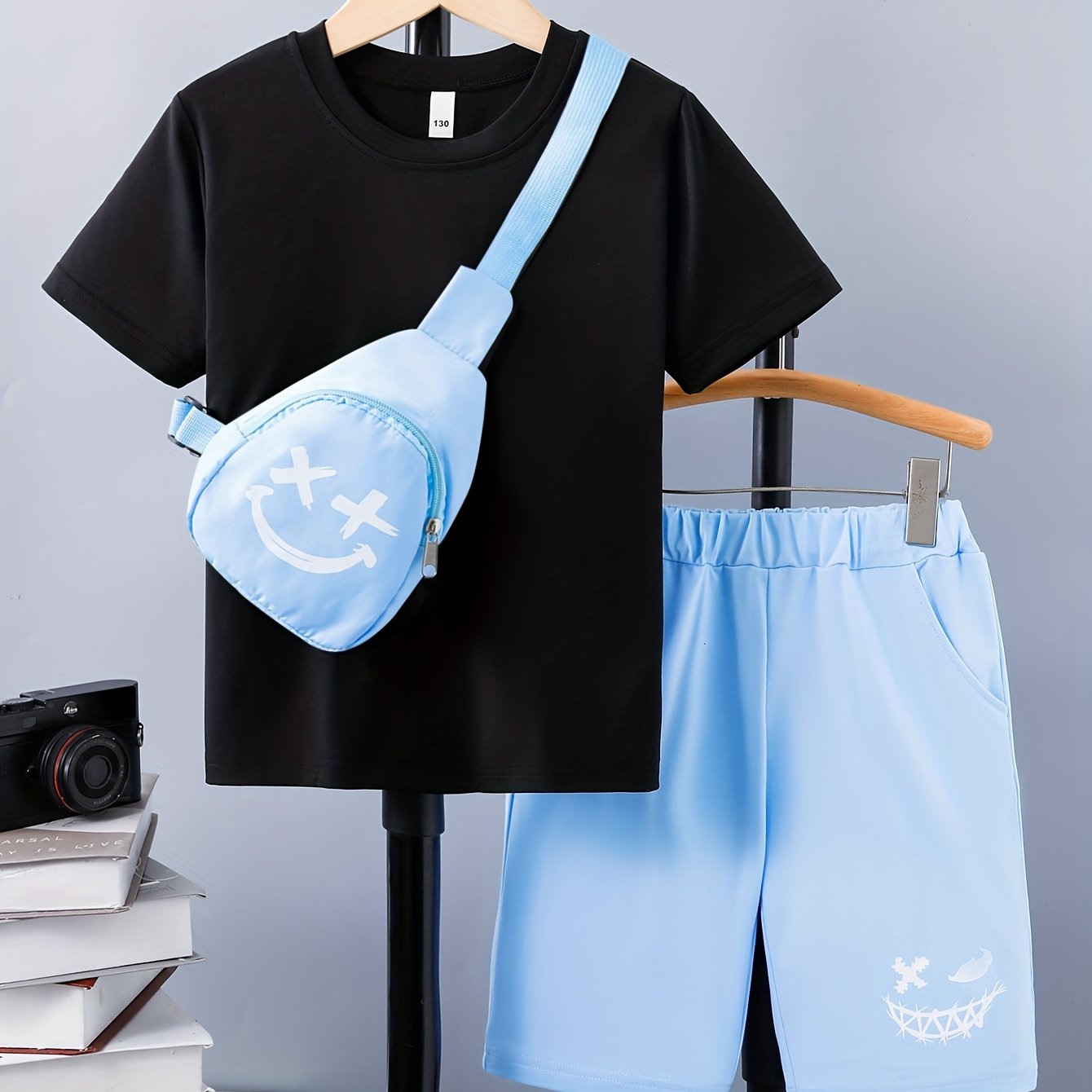 3pcs Boy's Smile Face Print Short Sleeve Casual T-Shirts & Shorts & Backpack Set, Comfy Soft Stretchable Outfits, Children's Clothing