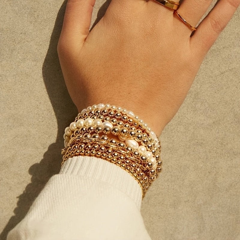 1 Piece 14K Plated Beaded Stackable Stretch Bracelet - Adjustable, Handcrafted, Dainty Jewelry for Women and Girls - Perfect for Everyday Wear and Gift Giving