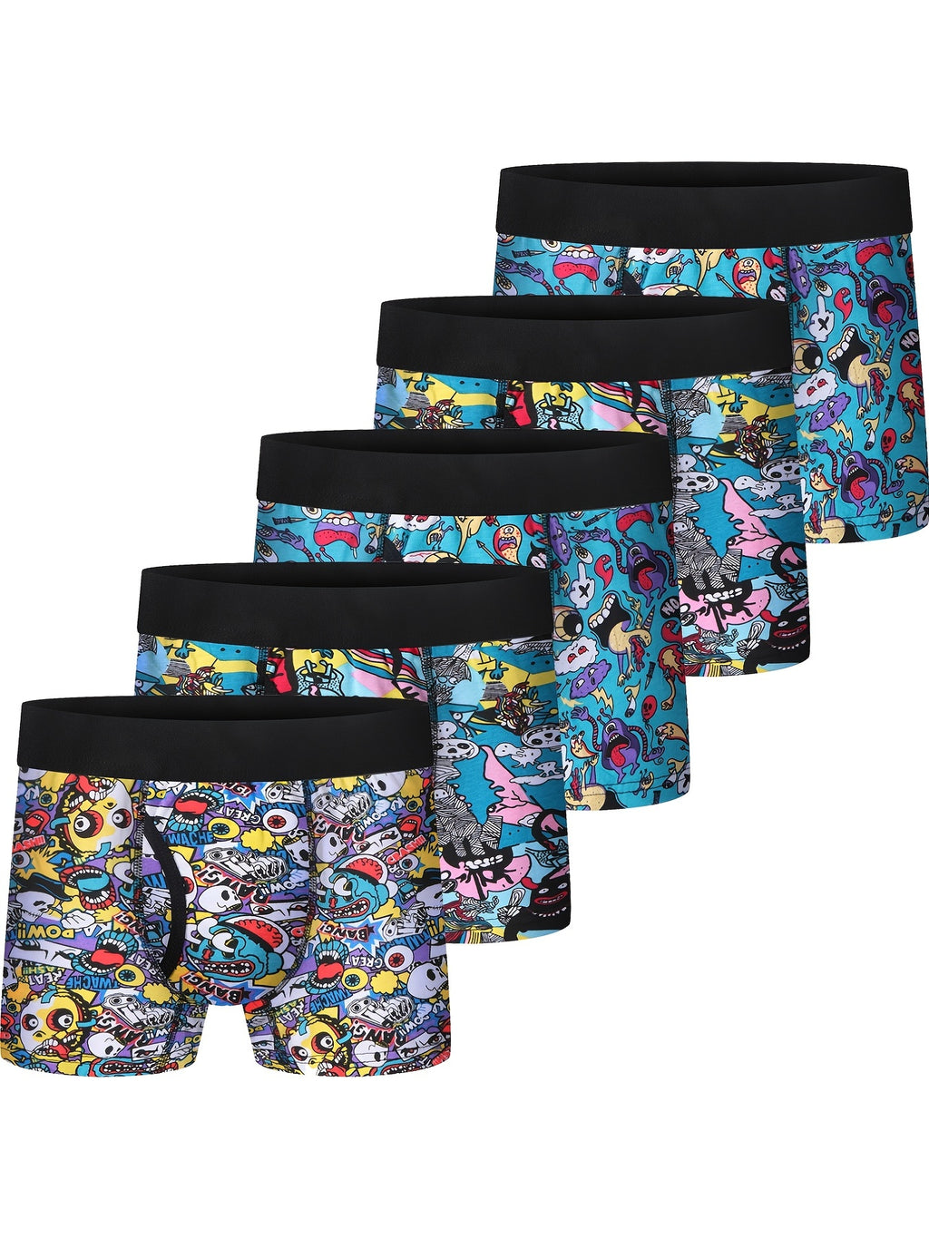 5-Piece Boys Ultra-Soft Cotton Boxer Brief Set - Moisture-Wicking, Vibrant Cartoon Prints, Athletic Sport Performance