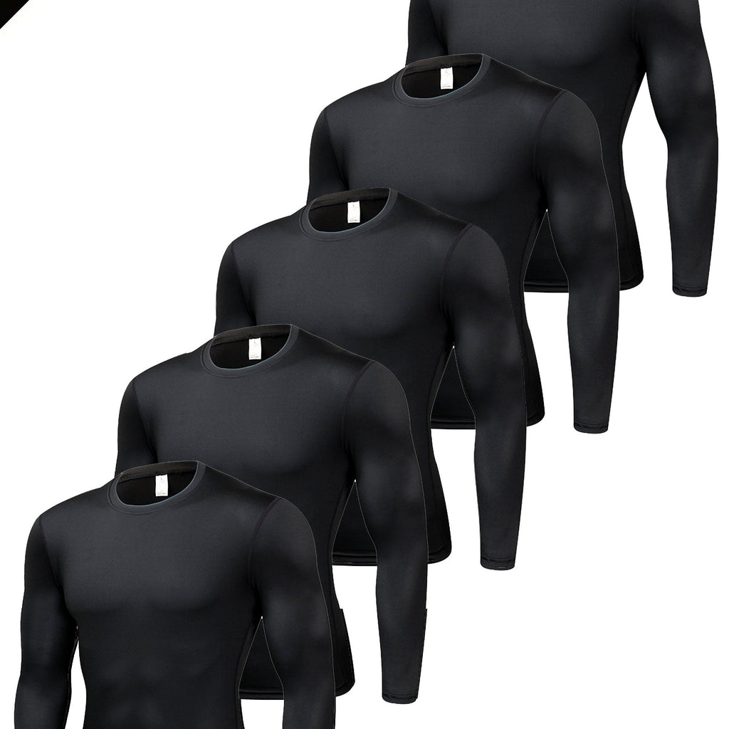 5pcs Men'S Black Compression Long Sleeve T-Shirts - High Stretch, Moisture-Wicking, Skin-Fitting Athletic Wear for Workout & Fitness, All-Season Clothing | Skin Tight Fit | Moisturewicking Fabric, Sweat-Resistant