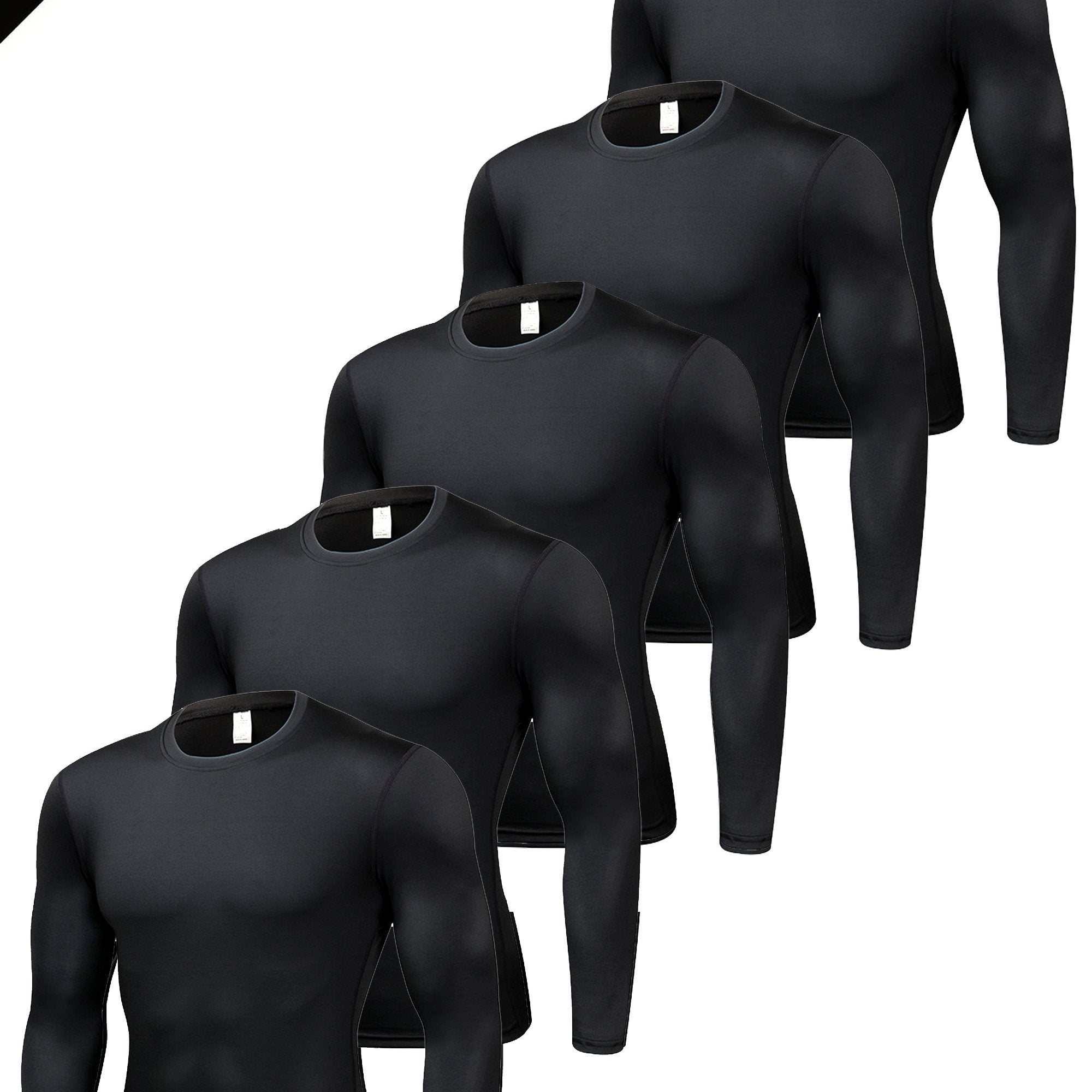 5pcs Men'S Black Compression Long Sleeve T-Shirts - High Stretch, Moisture-Wicking, Skin-Fitting Athletic Wear for Workout & Fitness, All-Season Clothing | Skin Tight Fit | Moisturewicking Fabric, Sweat-Resistant