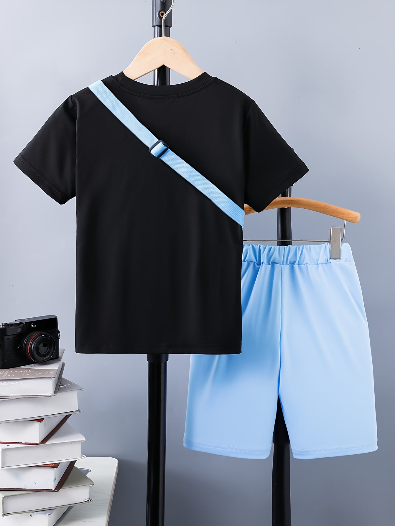 3pcs Boy's Smile Face Print Short Sleeve Casual T-Shirts & Shorts & Backpack Set, Comfy Soft Stretchable Outfits, Children's Clothing